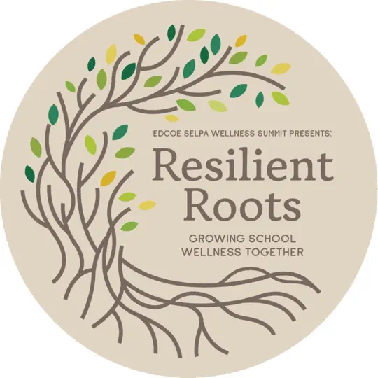Circular logo titled ‘Resilient Roots: Growing School Wellness Together,’ featuring a stylized tree with branches and roots, green and yellow leaves, and a neutral beige background.
