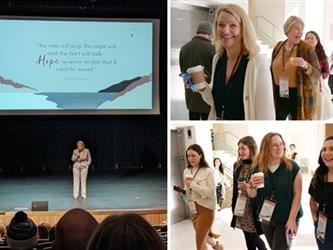 Split image of symposium participants walking into the auditorium and a speaker on stage.