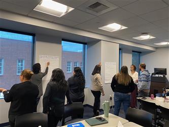 People collaborating and writing on posters stuck to the wall. 